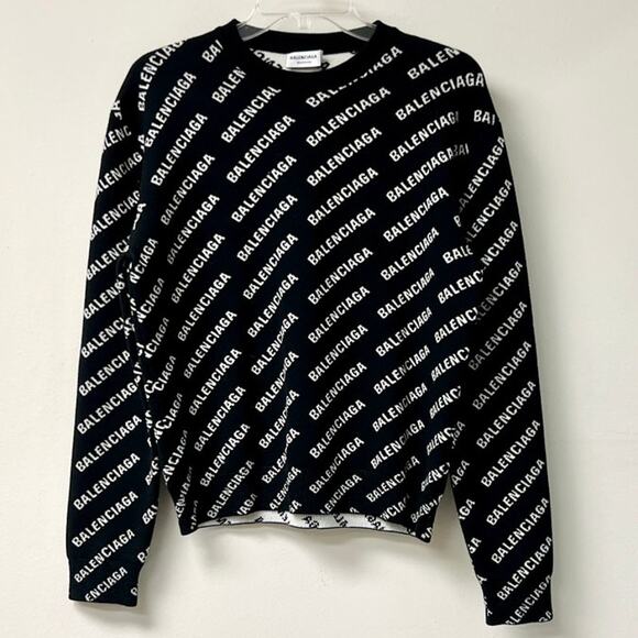 Balenciaga All Over Logo Long Sleeve Crewneck Sweater Black/White Womens Size XS - Picture 2 of 6